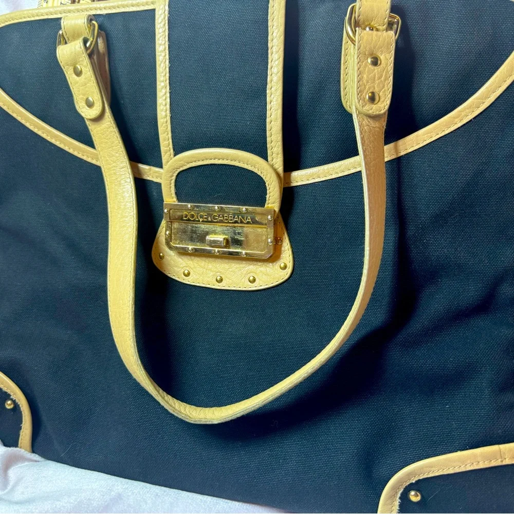 Dolce and Gabbana Tote Black Nylon Tan Leather Leopard Lining Rare Vintage - Picture 15 of 15